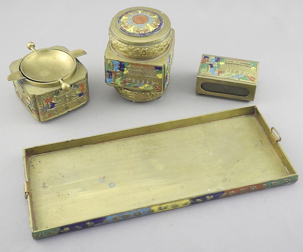 Chinese Brass & Enamel Four Part Smoking Set w/ Totem Pole Designs, 8 3/4"w. (1 of 2)