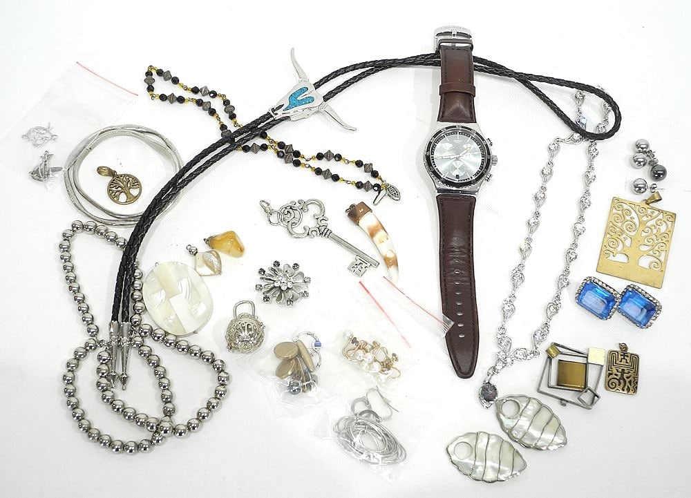 Collection of Costume Jewelry Items & Swatch Irony Wristwatch SR936SW.: Collection of Costume Jewelry Items & Swatch Irony Wristwatch SR936SW.