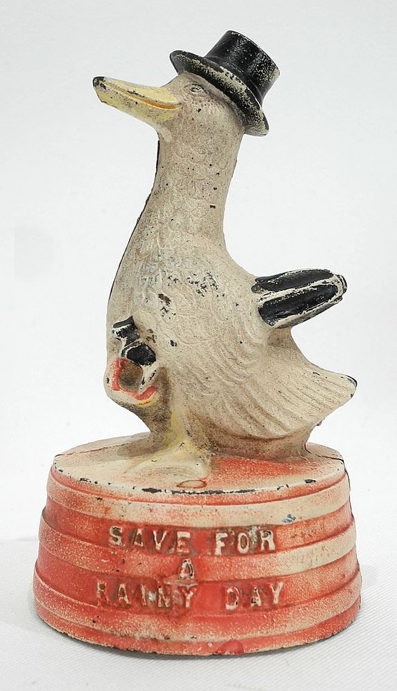 Hubley Cast Iron Duck Coin Bank, 5 3/8"h, C.1930's.: Hubley Cast Iron Duck Coin Bank, 5 3/8"h, C.1930's.