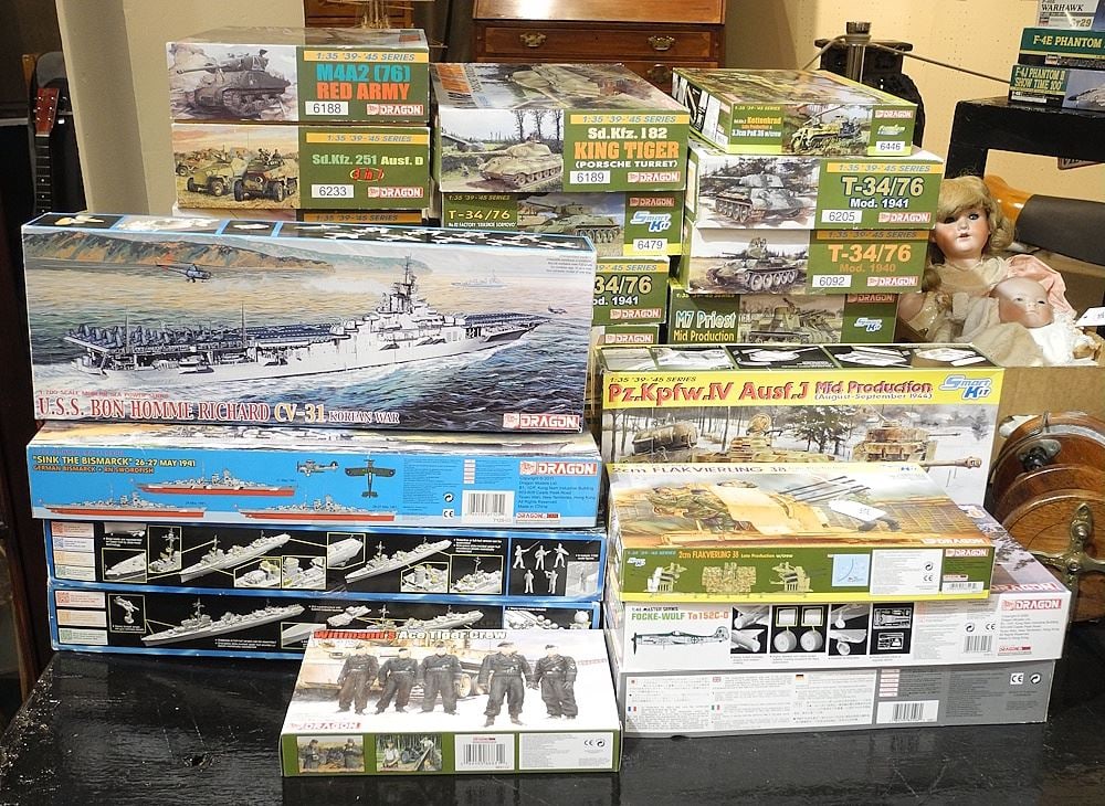 Collection of Dragon Planes/Tanks/ Ship Model Kits (approx. 29/ as found). (1 of 1)