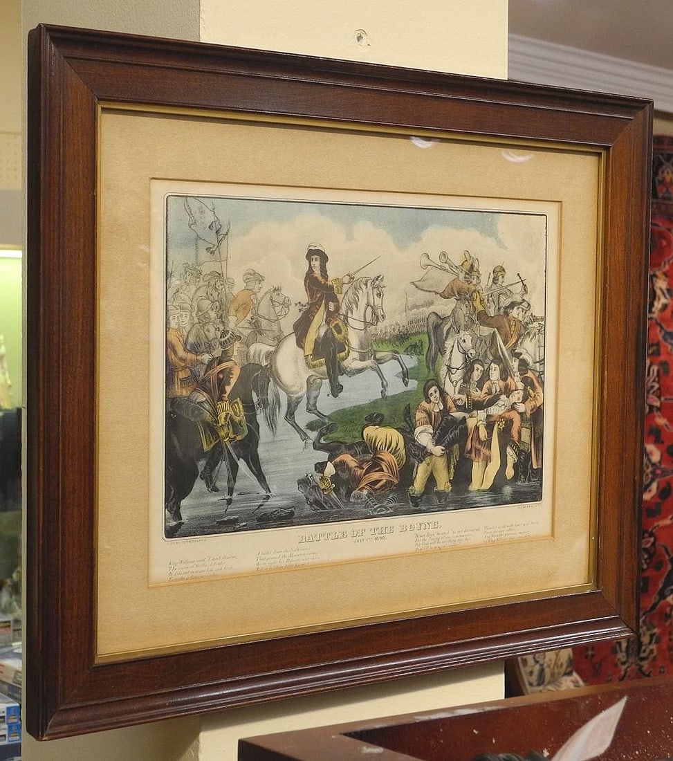 Antique Currier and Ives Framed Lithograph, 9 1/2 x 13", "Battle of the Boyne July 1, 1690". (1 of 1)