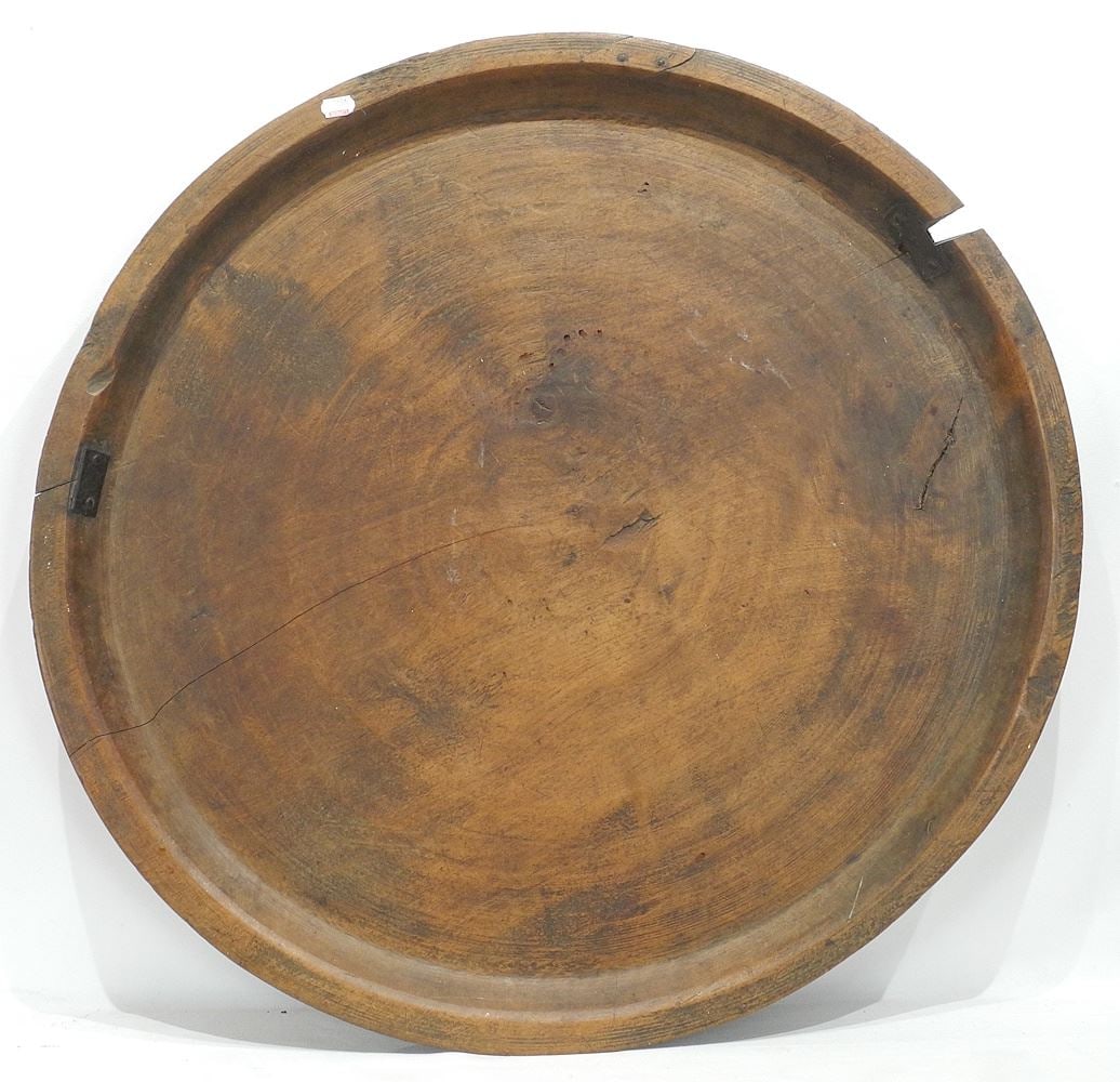 Primitive Round Wood Tray with Metal Stabilizers, 26 1/2"w. (1 of 3)