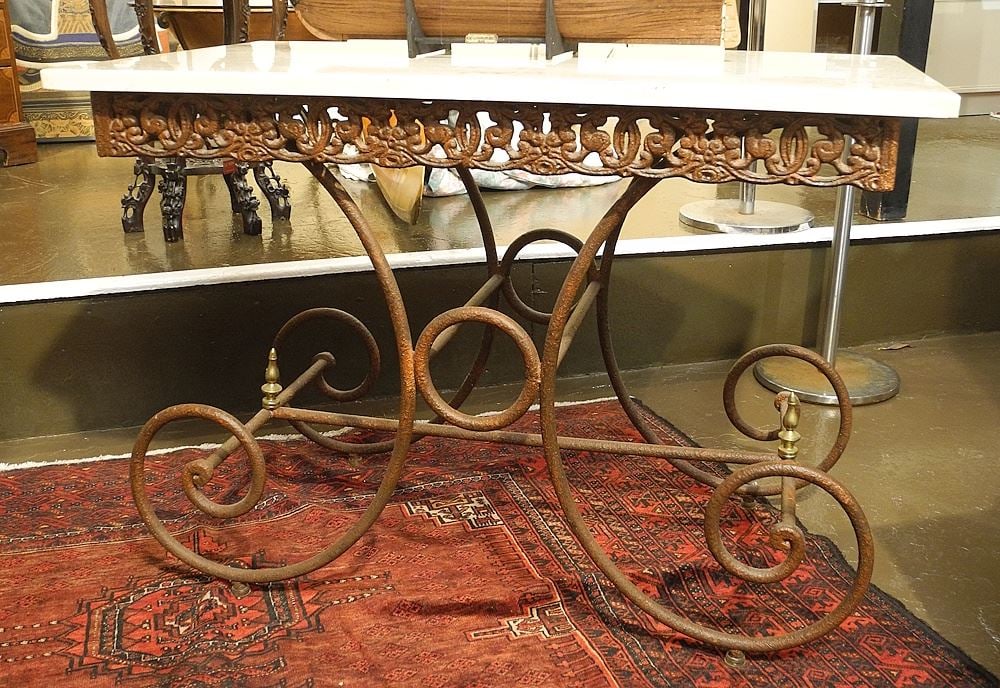 French Style Metal Work Table with Marble Style Surface, 30 3/4"h. (1 of 2)