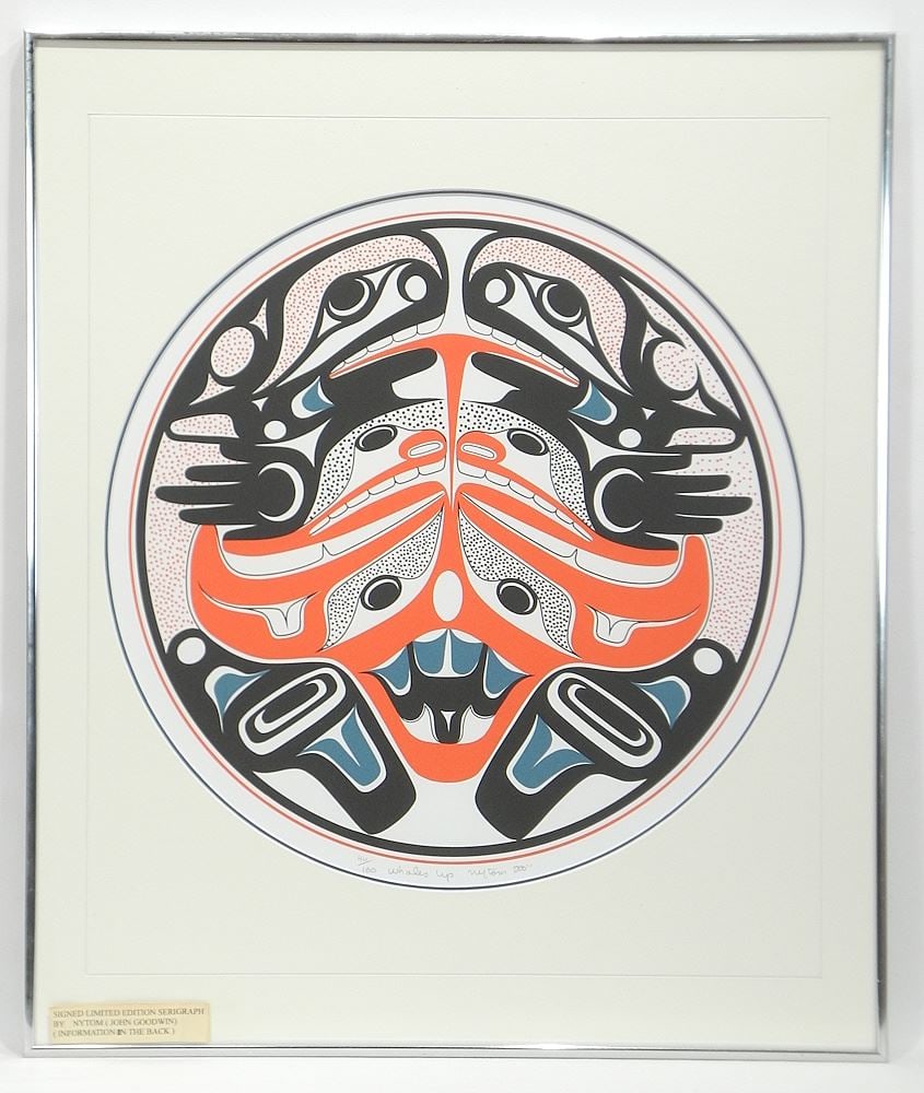 Makah Serigraph signed Nytom (John Goodwin), 17 3/8" Diameter, "Whales Up" #44/160.: Makah Serigraph signed Nytom (John Goodwin), 17 3/8" Diameter, "Whales Up" #44/160.