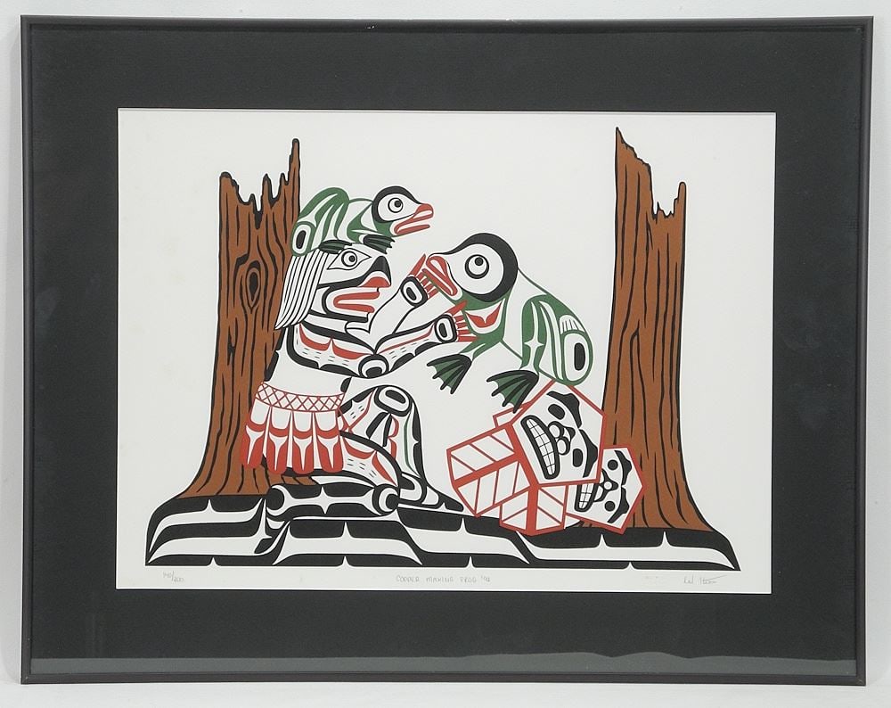 Kwagiulth Serigraph signed Cal Hunt, 14 x 19 1/4", "Copper Making Frog' 92" #140/200.: Kwagiulth Serigraph signed Cal Hunt, 14 x 19 1/4", "Copper Making Frog' 92" #140/200.