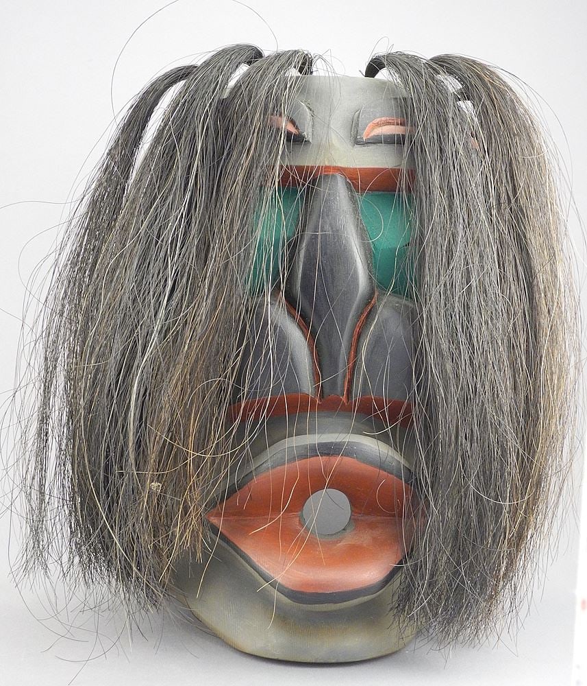 Northwest Coast "Bukwus" Mask signed Jedson, August, Cowichan Tribes, 12 3/4"h.: Northwest Coast "Bukwus" Mask signed Jedson, August, Cowichan Tribes, 12 3/4"h.