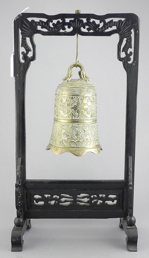 Chinese Brass Bell on Carved Wood Stand, 17 3/4"h. (1 of 2)