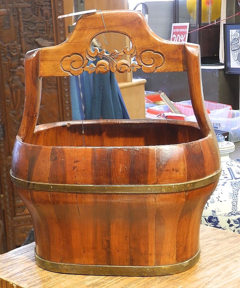 Chinese Wood Pail with Carved Handle.: Chinese Wood Pail with Carved Handle.