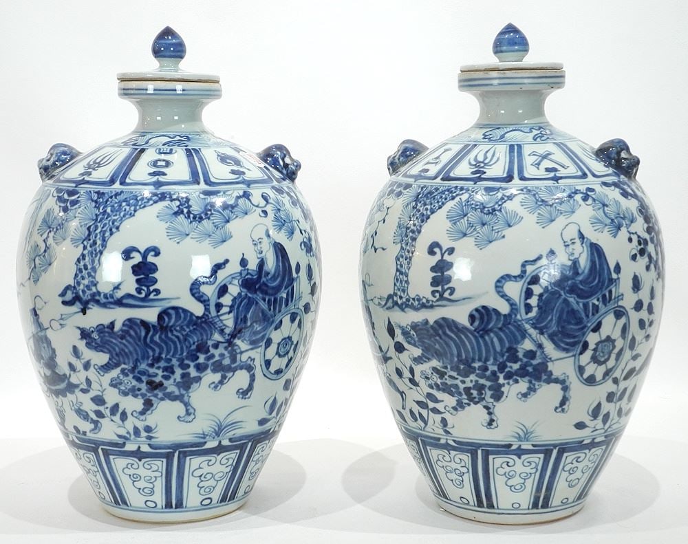 Pair of Chinese Blue & White Porcelain Covered Vases, 14 1/4"h.: Pair of Chinese Blue & White Porcelain Covered Vases, 14 1/4"h.