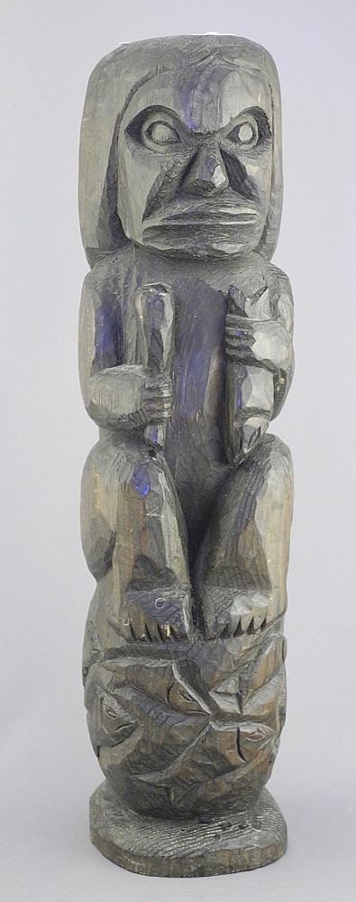 Northwest Coast Wood Figure signed H.Joe, 14"h, "Figure Holding Fish".: Northwest Coast Wood Figure signed H.Joe, 14"h, "Figure Holding Fish".