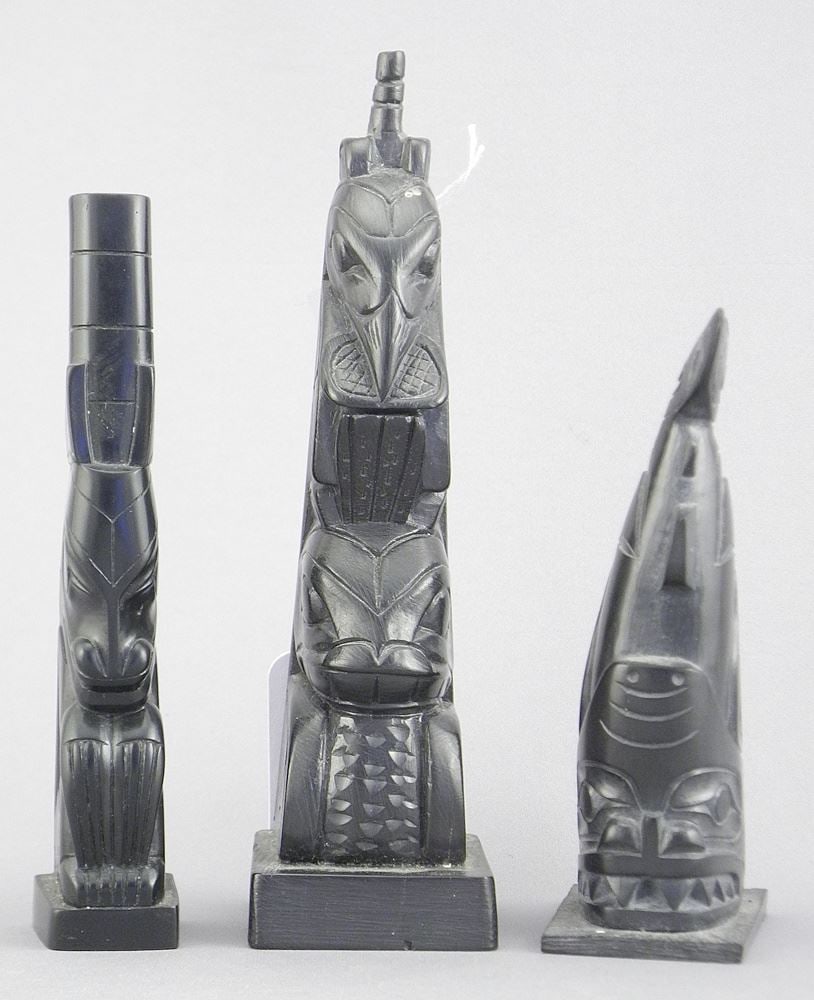 Two Haida Argillite Model Totem Poles, Jack Pollard & Herman Collinson, 4 1/4-6"h, 6"restored). (1 of 4)