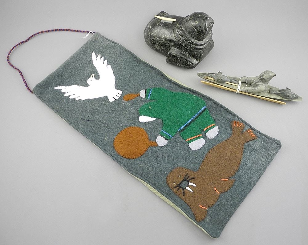 Two Inuit Carvings & Felt Panel (14 1/2"): Walrus/Gary Ayaligak- Kayak/Kigiwa (missing tusk: Two Inuit Carvings & Felt Panel (14 1/2"): Walrus/Gary Ayaligak- Kayak/Kigiwa (missing tusk