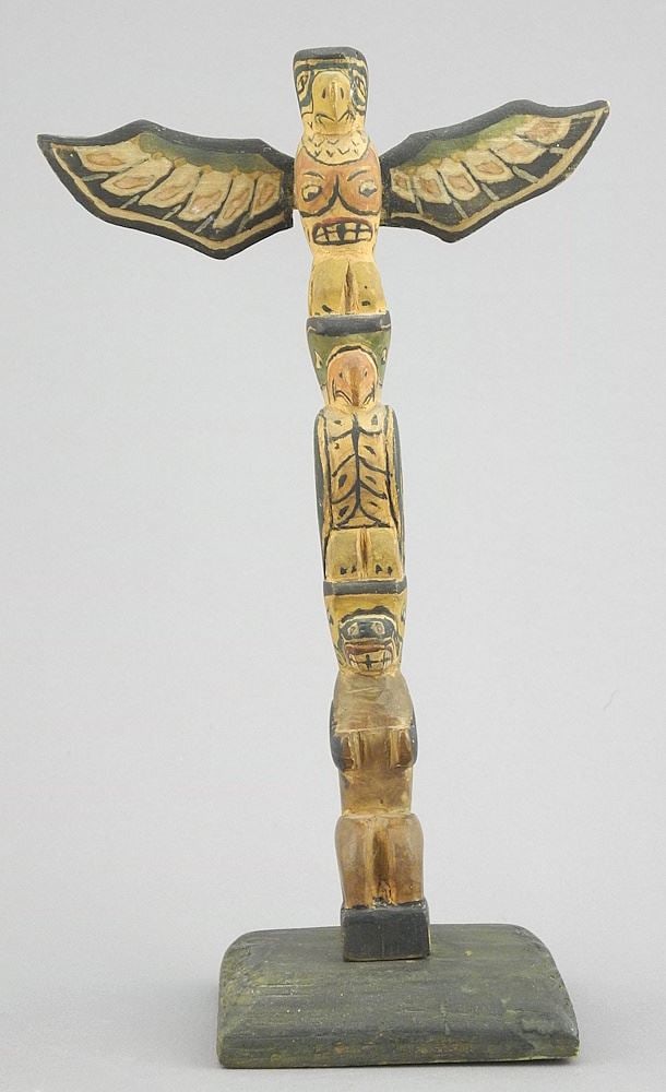 Northwest Coast Model Totem Pole, Unsigned (8"h), Base Monogrammed W*. (1 of 4)