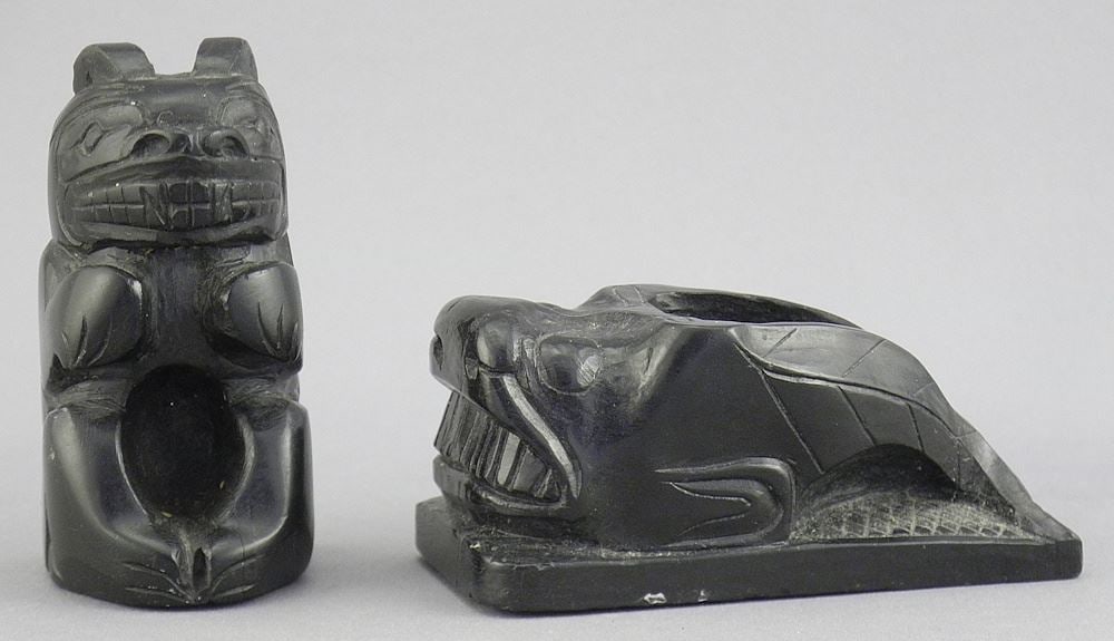 Haida Argillite Pipe & Pipe Rest, 2 1/2 & 2 7/8"L. (1 of 4)