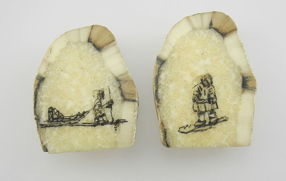 Two Fossilized Marine Ivory, Scrimshaw Panels, 1 3/8"h, CANADIAN BIDDERS ONLY.: Two Fossilized Marine Ivory, Scrimshaw Panels, 1 3/8"h, CANADIAN BIDDERS ONLY.