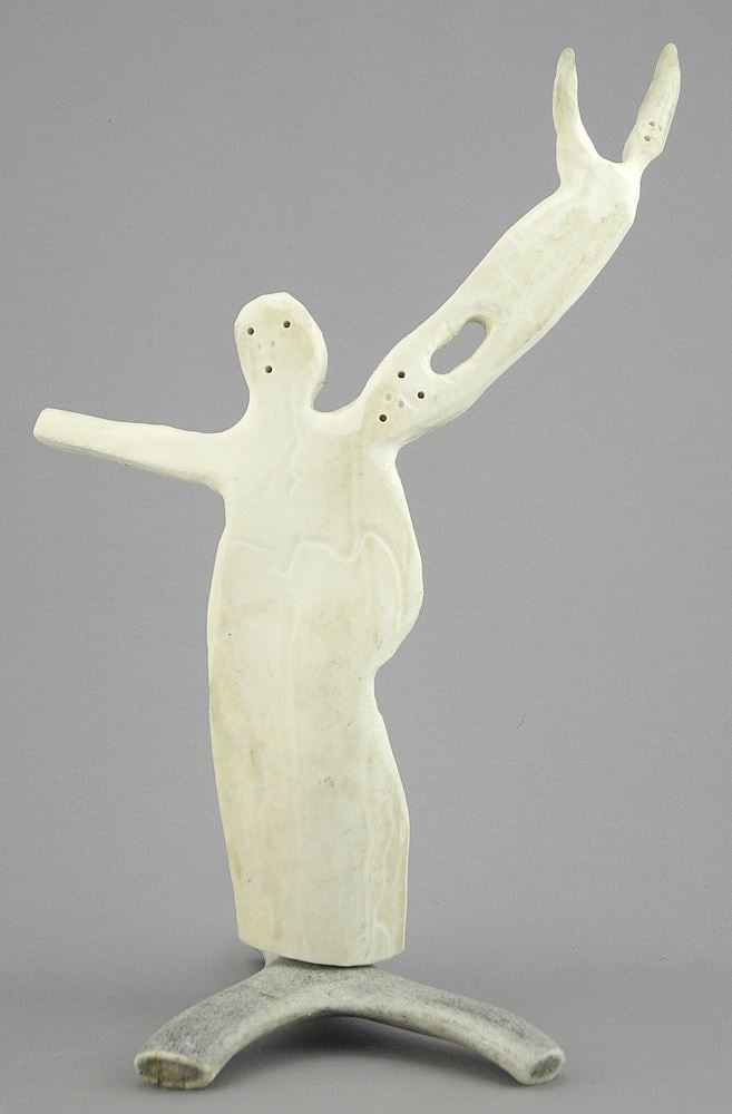 Unsigned Inuit Antler Sculpture, "Man Summoning Spirit", 9 3/4 x 6 x 5".: Unsigned Inuit Antler Sculpture, "Man Summoning Spirit", 9 3/4 x 6 x 5".