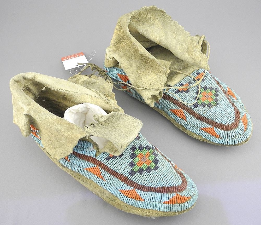 Pair of Beaded Tanned Hide Moccasins , C.1900, 10"L.: Pair of Beaded Tanned Hide Moccasins , C.1900, 10"L.
