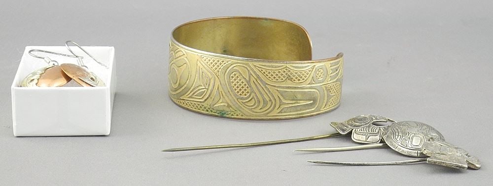 Collection of Northwest Coast Silver & Copper Jewelry: Pins/Earrings/Cuff: Collection of Northwest Coast Silver & Copper Jewelry: Pins/Earrings/Cuff