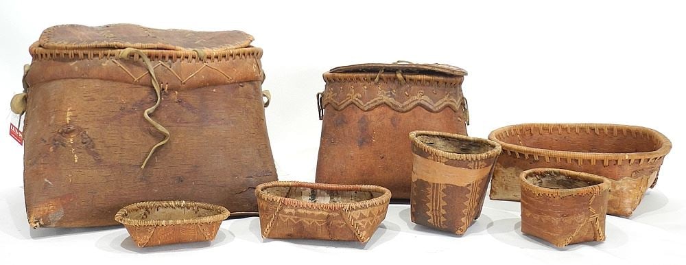 Seven Birch Bark Baskets, Largest 9 1/2 x 13 1/2 x 11 1/2". (1 of 3)