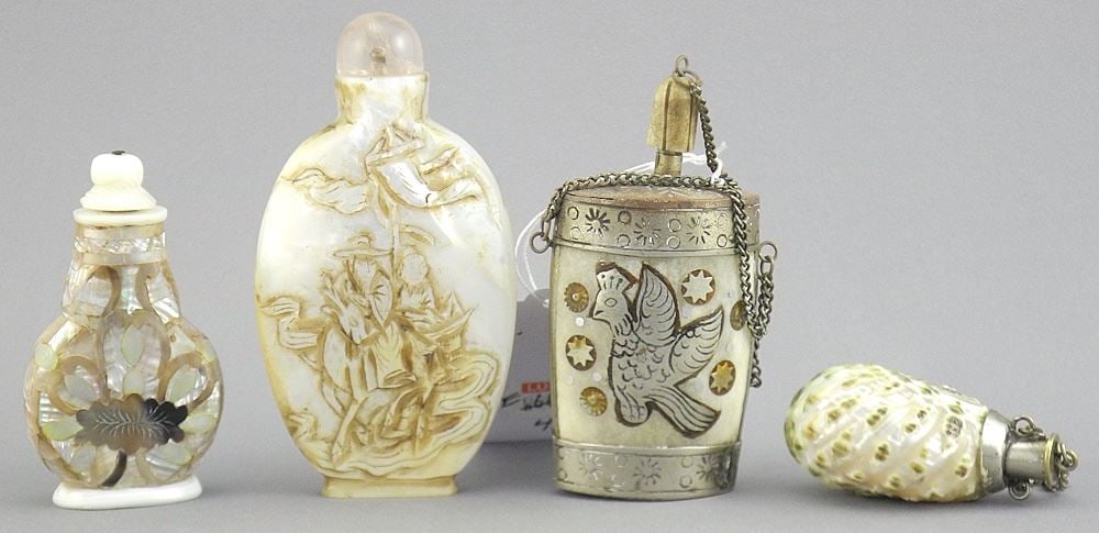 Four Mother of Pearl Snuff & Scent Bottles, 2 - 3 3/8"h, CANADIAN BIDDERS ONLY. (1 of 2)