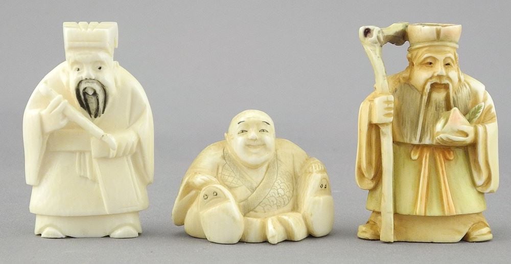 Three Japanese Netsuke: 2 Standing/ 1 Seated, 1 1/4 - 2" High, 69.2 Grams, No Export. (1 of 3)