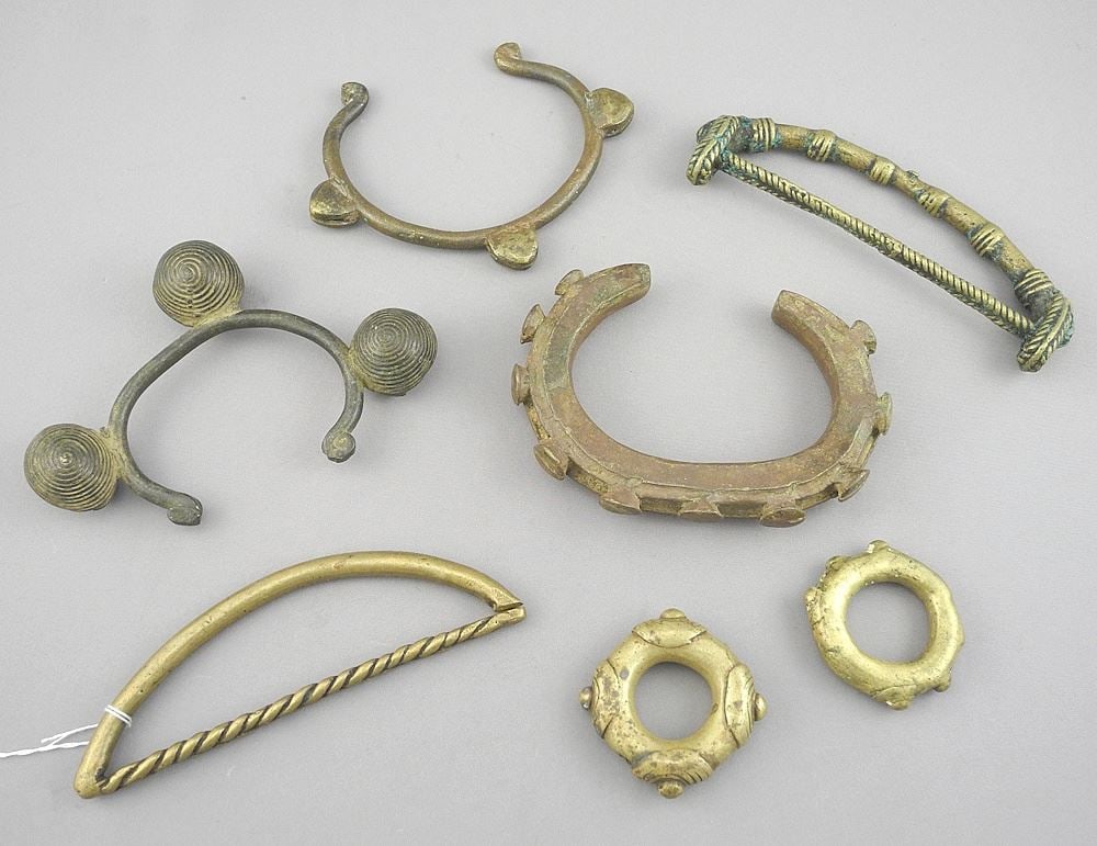 Collection of African Copper Alloy & Brass Currency Bracelets & Rings, 2-5"w.: Collection of African Copper Alloy & Brass Currency Bracelets & Rings, 2-5"w.