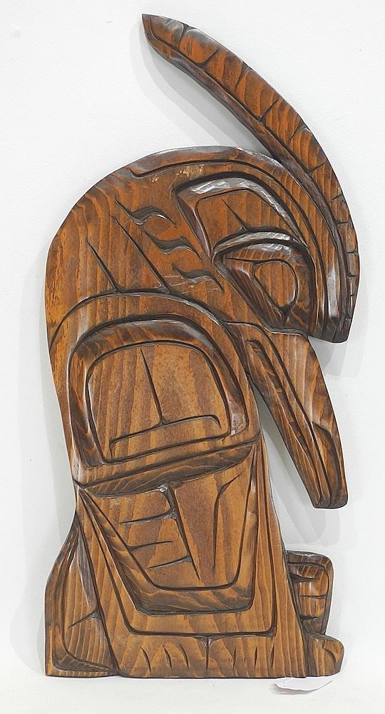 Salish Plaque Monogrammed GS (Gino Seward), 18 7/8", "Kingfisher".: Salish Plaque Monogrammed GS (Gino Seward), 18 7/8", "Kingfisher".