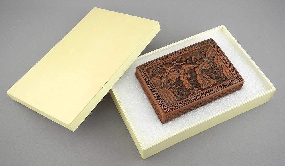 18th C. Chinese Qing Dynasty Carved Cinnabar Lacquer Box w/ Box, 2 x 5 5/8 x 3 7/8". (1 of 6)