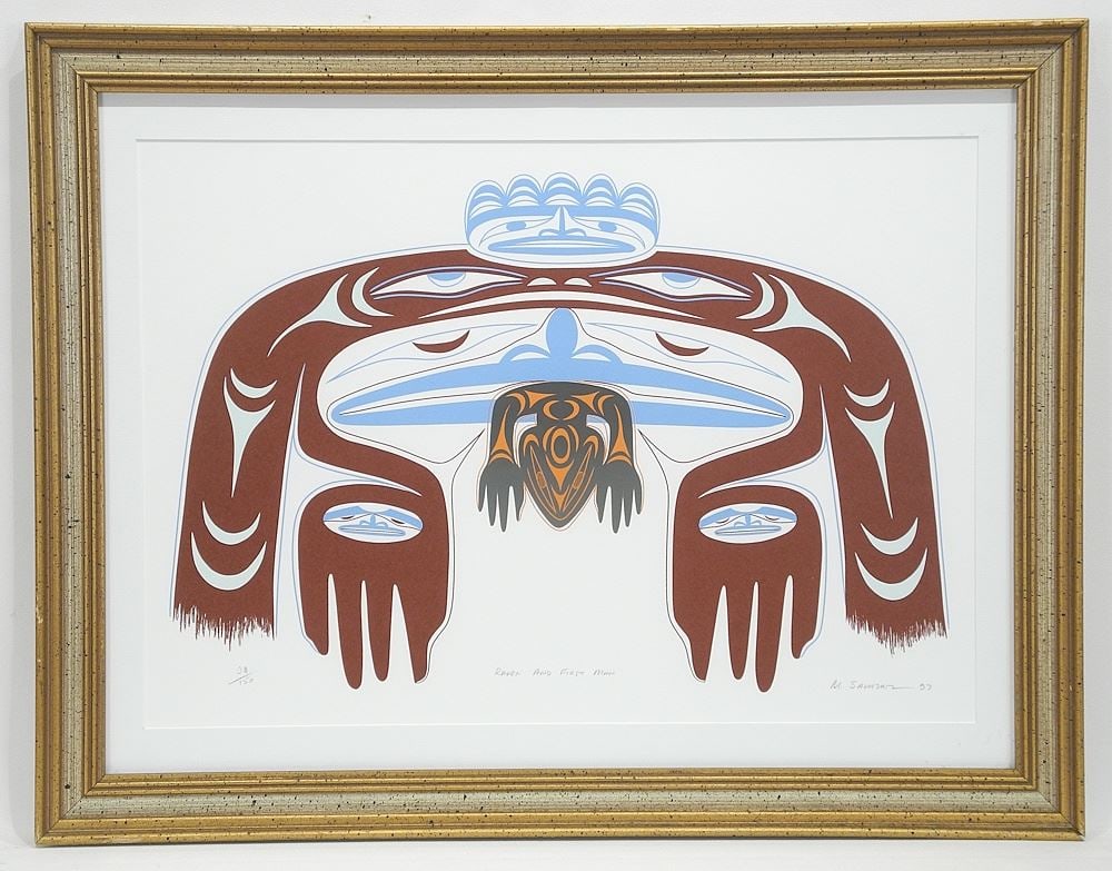 Salish Serigraph signed M. (Manuel) Salazar, 15 x 21 1/2", "Raven & First Man" #98/150. (1 of 3)
