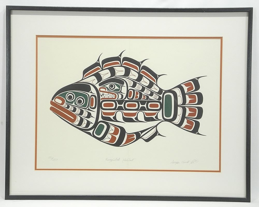 Kwagiulth Serigraph signed George Hunt Jr, 15 1/2 x 21 1/2", #223/250, "Kwagiulth Halibut" 1980. (1 of 4)