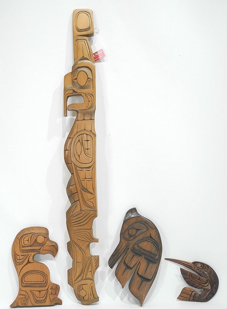Coast Salish Panel Carving signed Jim Yelton (30"h) with Three Smaller (1 of 3)
