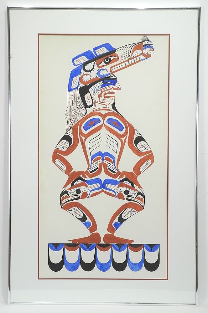 Unsigned Nuu-Chah-Nulth Mixed Media on Paper, 29 1/2 x 15 5/8", "Masked Dancer".: Unsigned Nuu-Chah-Nulth Mixed Media on Paper, 29 1/2 x 15 5/8", "Masked Dancer".