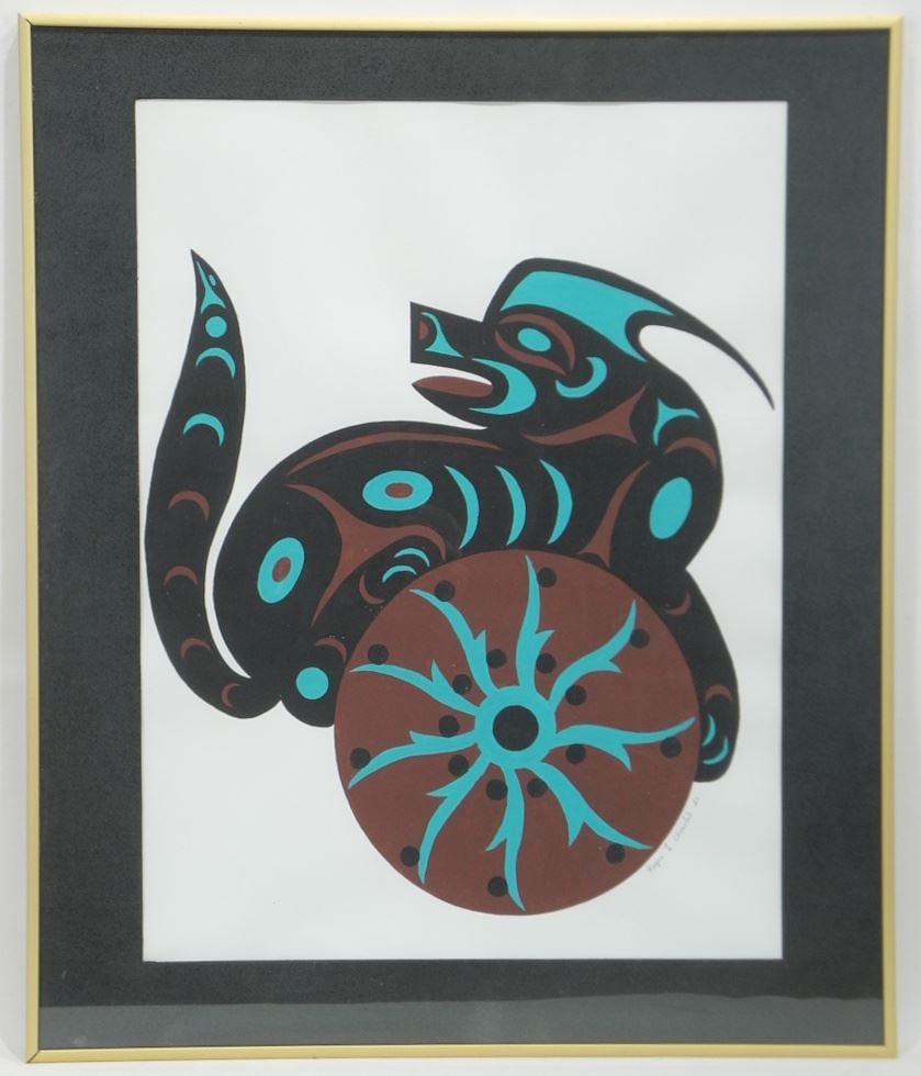 Acrylic on Paper signed Roger L. Charlie Sr, 20 x 15", "Wolf & Spindle Whorl".: Acrylic on Paper signed Roger L. Charlie Sr, 20 x 15", "Wolf & Spindle Whorl".