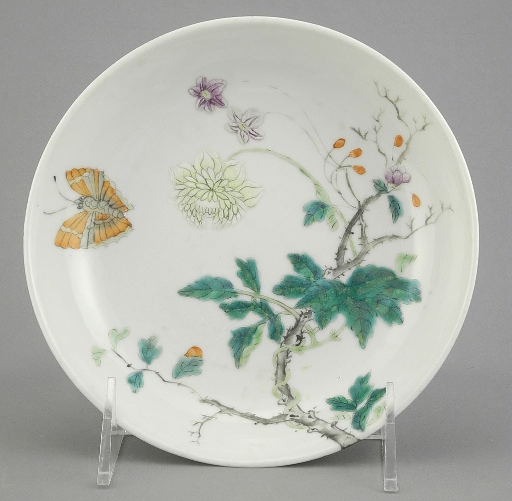 Chinese Famille Verte Enameled Porcelain "Butterfly" Dish, 6 1/8" Diameter. (1 of 3)