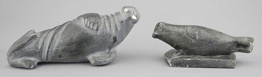Two Inuit Stone Carvings: Walrus/ E9-837 & "Seal on Rock"/C. Ikeysie. (1 of 5)