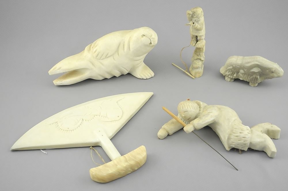 Five Inuit Stone & Antler Carvings signed Pamialok (2)/Okhiatak/Gary A. /NK, 1 3/4 - 6"h. (1 of 5)