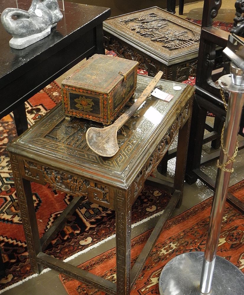 Pair of Chinese Deep Carved Side Tables, 24"h (one without glass).: Pair of Chinese Deep Carved Side Tables, 24"h (one without glass).