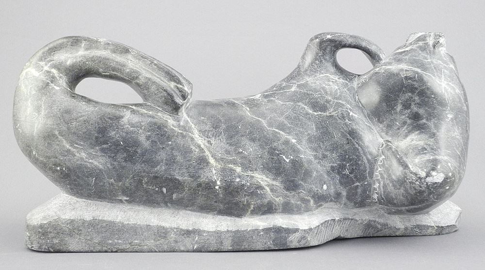 Inuit Sculpture signed with Syllabics & 169-786, 11"w., "Reclining Seal".: Inuit Sculpture signed with Syllabics & 169-786, 11"w., "Reclining Seal".