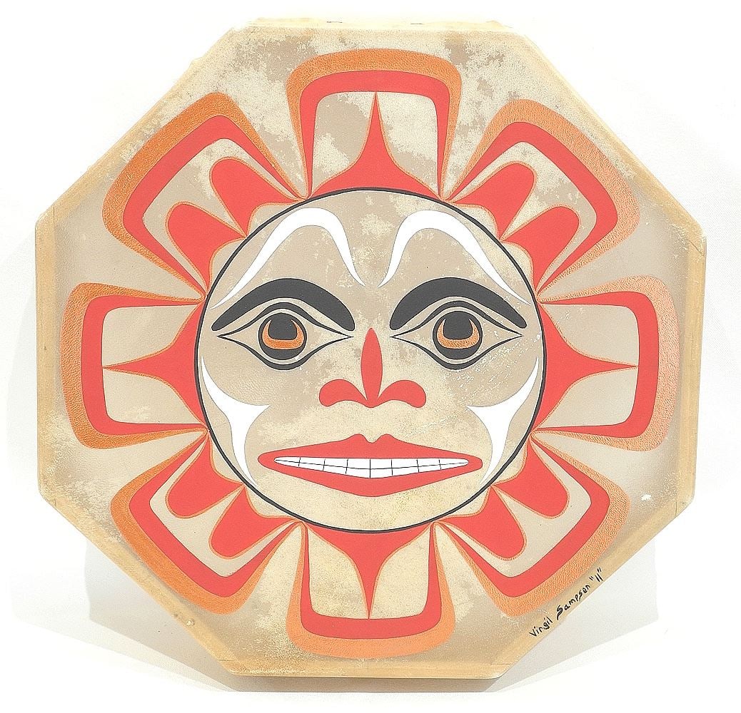 Coast Salish Drum signed Virgil Sampson II, 2 3/4 x 16" Diameter, "Sun Design".: Coast Salish Drum signed Virgil Sampson II, 2 3/4 x 16" Diameter, "Sun Design".