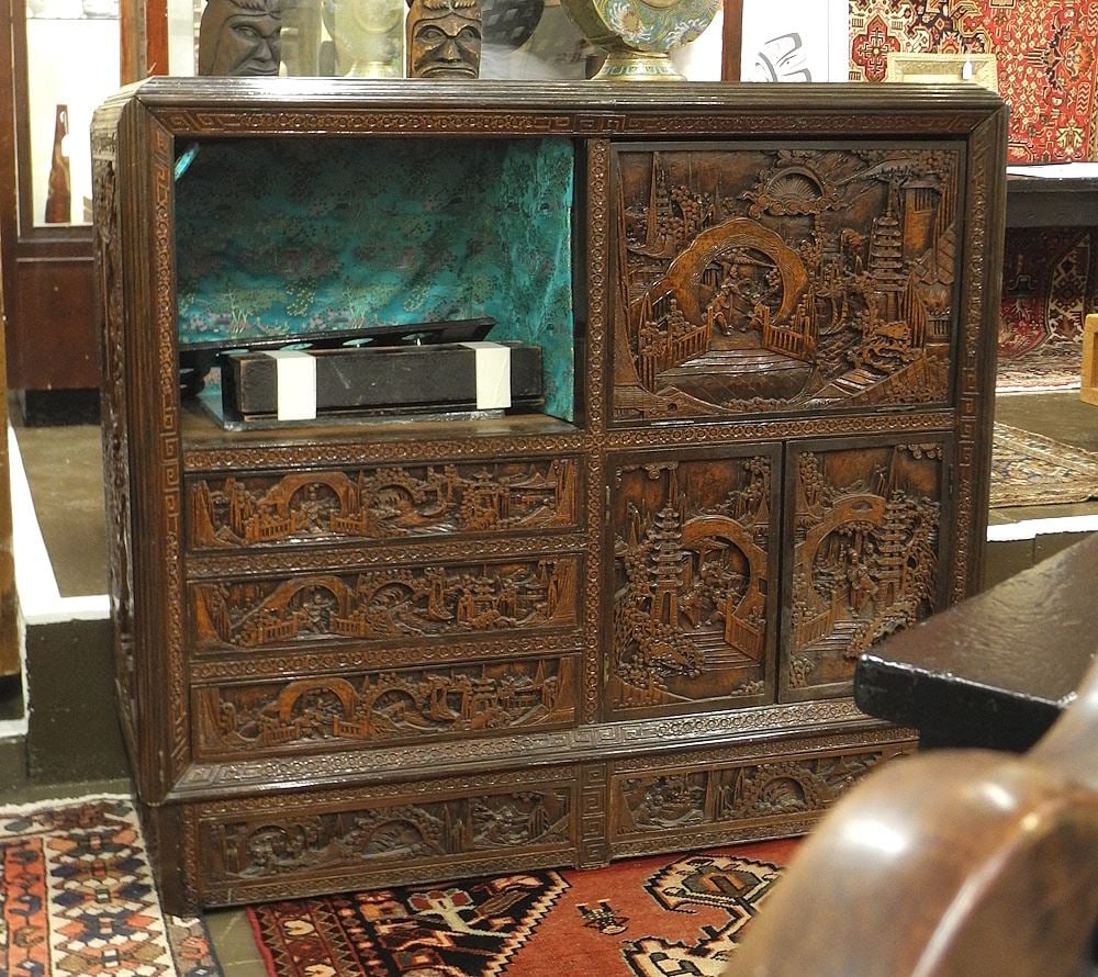 Chinese Deep Carved Fall Front Secretary Cabinet, 43 1/2 x 49 1/2 x 17 3/4".: Chinese Deep Carved Fall Front Secretary Cabinet, 43 1/2 x 49 1/2 x 17 3/4".
