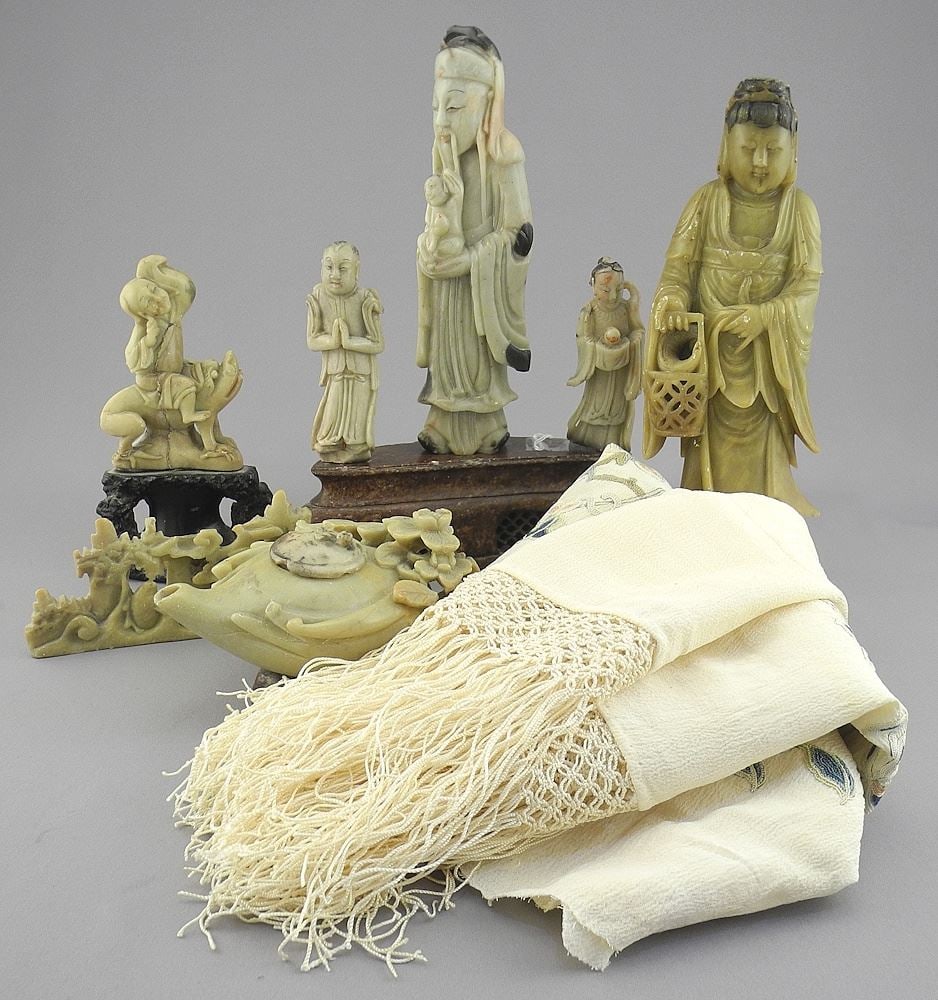 Collection of Silk Embroidery & Chinese Softstone Ornaments, Tallest 8 1/2"h (chips & nibbles n: Collection of Silk Embroidery & Chinese Softstone Ornaments, Tallest 8 1/2"h (chips & nibbles n