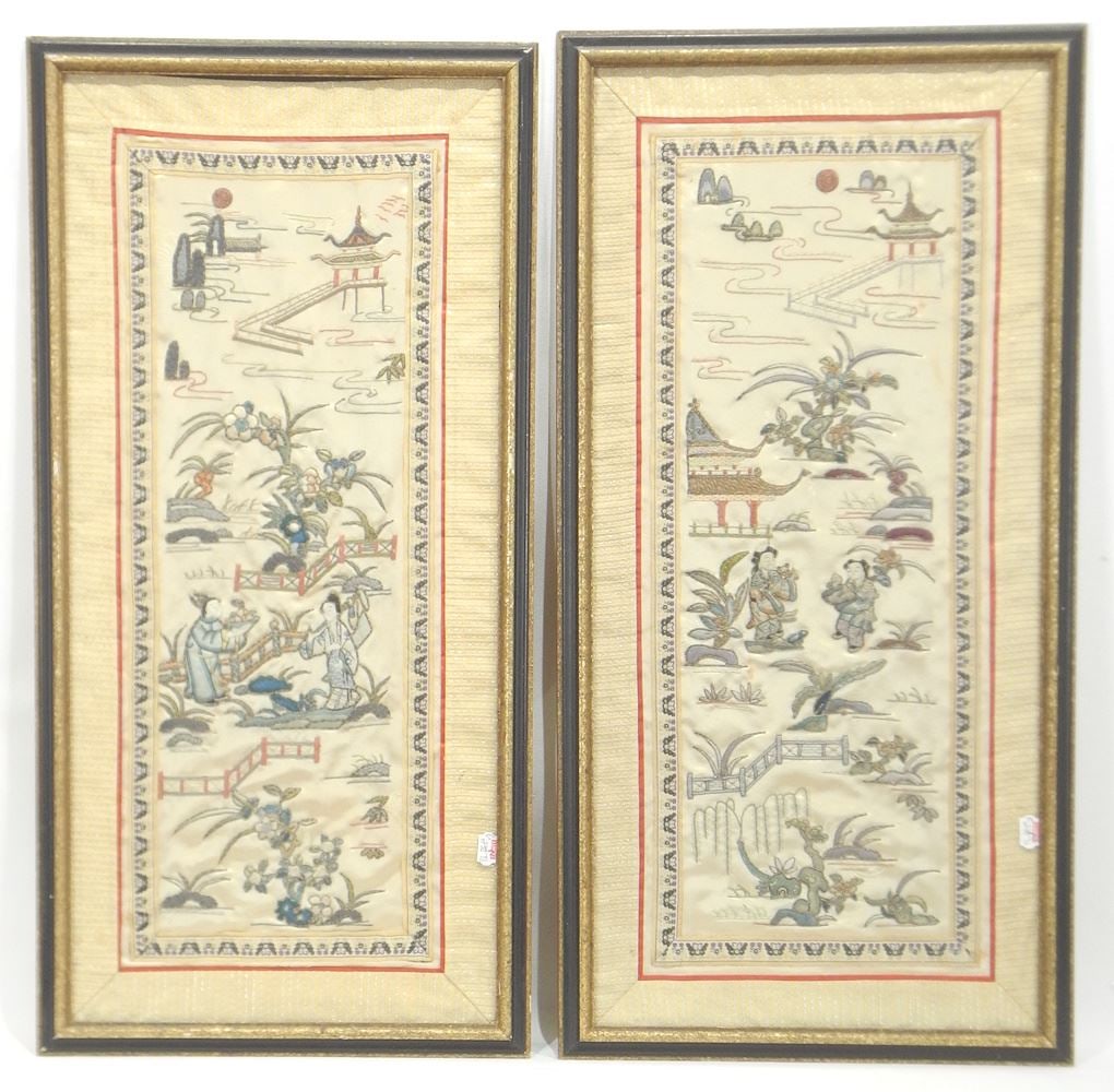 Pair of Chinese Silk Embroidery Panels, 21 x 8 1/4".: Pair of Chinese Silk Embroidery Panels, 21 x 8 1/4".