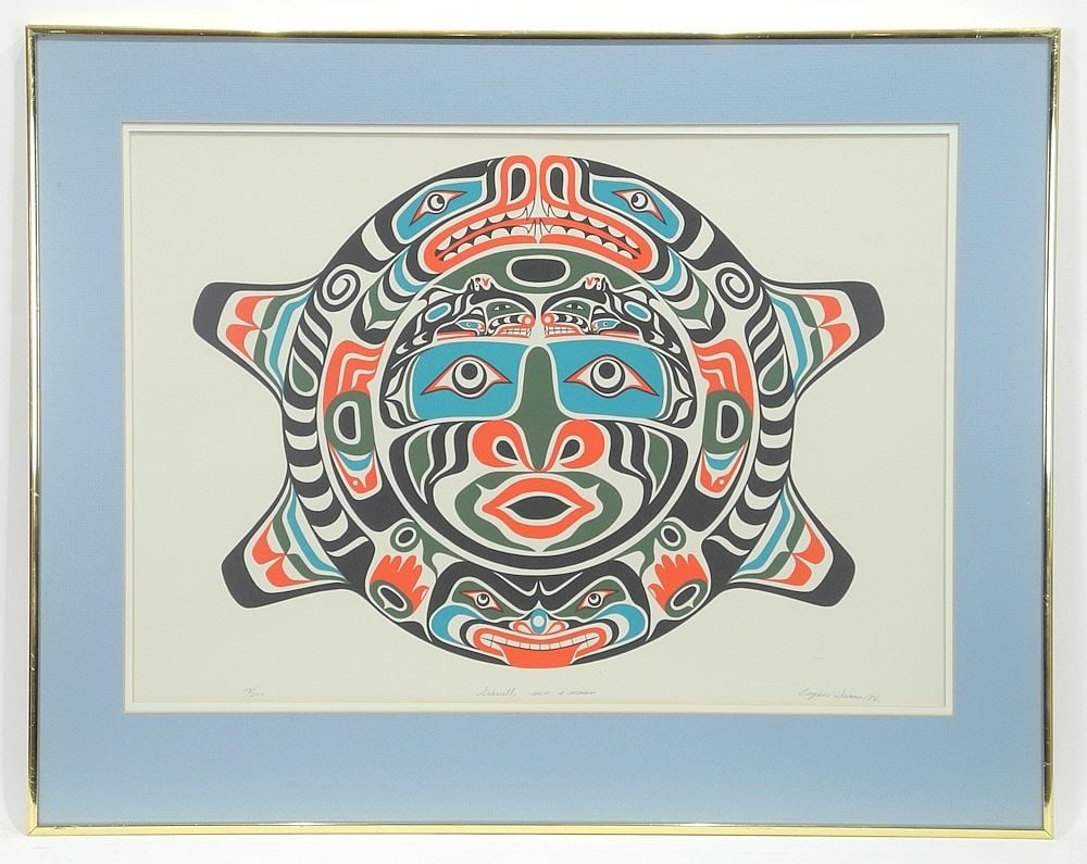 Kwagiulth Serigraph signed Eugene Isaac /86, 15 3/4 x 22 1/4", "Sisiuh Sun & Moon".: Kwagiulth Serigraph signed Eugene Isaac /86, 15 3/4 x 22 1/4", "Sisiuh Sun & Moon".