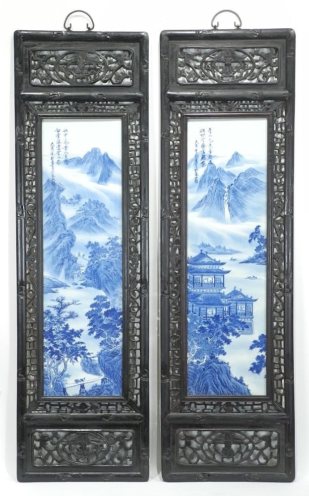 Pair of Chinese Blue & White Porcelain Panels , Framed, 46 1/2"h.: Pair of Chinese Blue & White Porcelain Panels , Framed, 46 1/2"h.