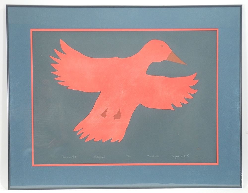 Dorset Lithograph signed Sheojuk (Etidlooie), 20 x 28", "Raven in Red" #20/50, 1996.: Dorset Lithograph signed Sheojuk (Etidlooie), 20 x 28", "Raven in Red" #20/50, 1996.