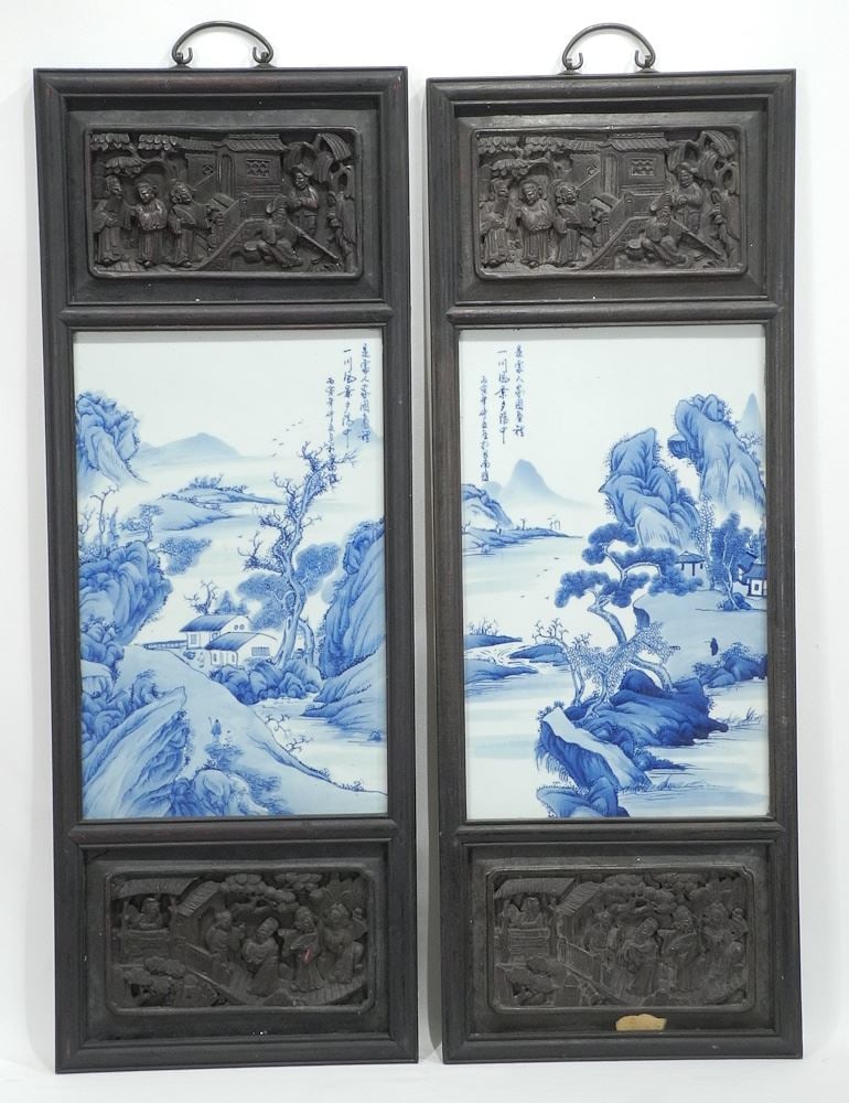Pair of Chinese Blue & White Porcelain Panels, Framed, 33"h.: Pair of Chinese Blue & White Porcelain Panels, Framed, 33"h.