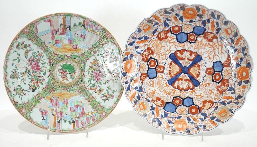 Two Asian Porcelain Wares: Japanese Imari (12 1/2" diam) & Canton Enamel , 11 3/4" Diameter. (1 of 4)