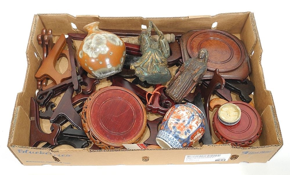 Collection of Various Asian Vase & Plate Stands with 2 Wood Figures/ 2 Vases. (1 of 3)