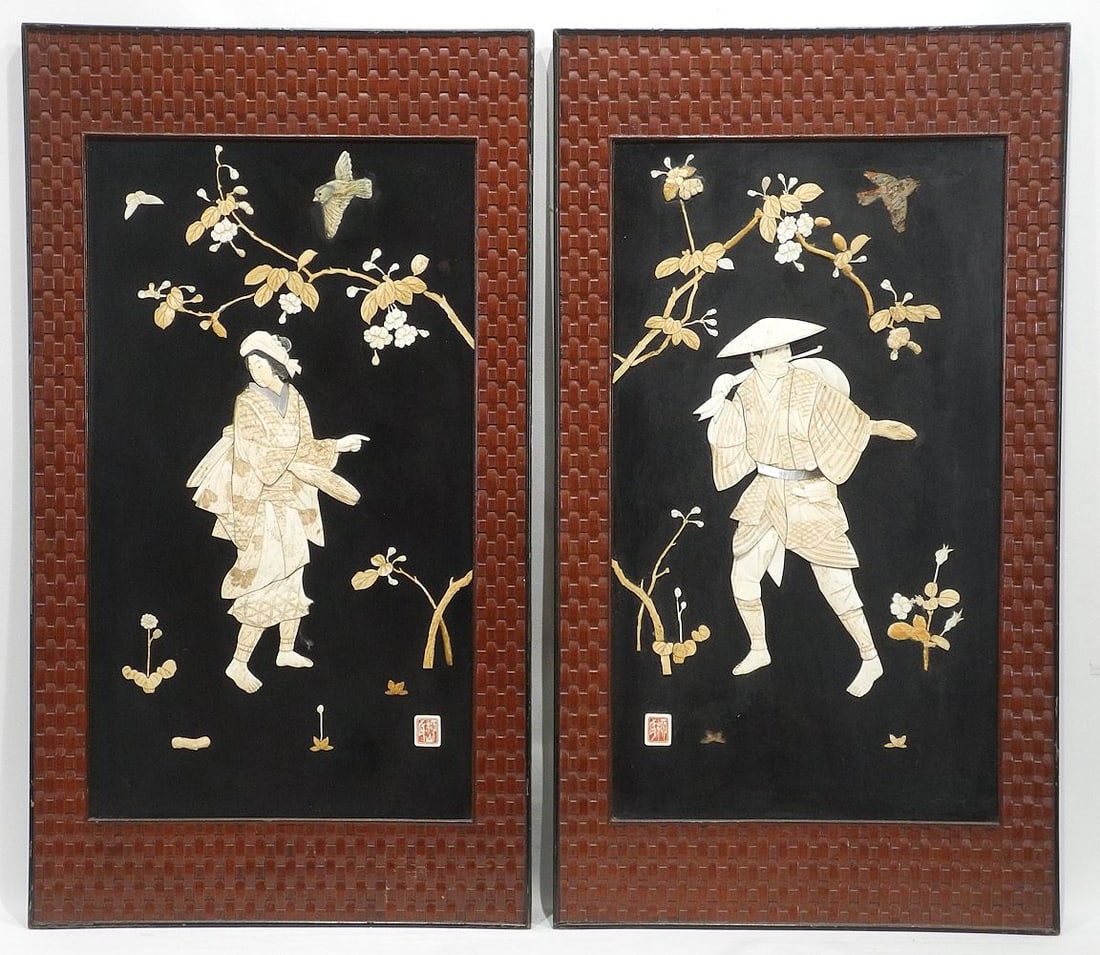 Pair of Japanese Shibayama Panels with Basket Weave Style Frames, 30 x 16 5/8", CDN BIDDERS ONLY: Pair of Japanese Shibayama Panels with Basket Weave Style Frames, 30 x 16 5/8", CDN BIDDERS ONLY