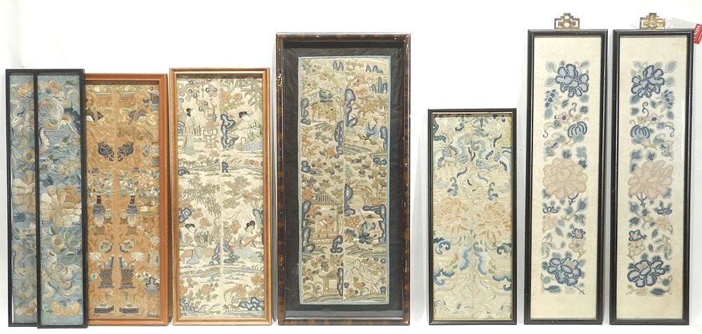 Collection of Eight Qing Mandarin Sleeve Panels, Framed, 16-22"h. (1 of 3)